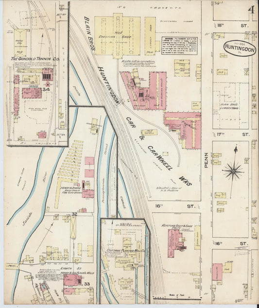 Sanborn Fire Insurance Map from Huntingdon, Huntingdon County, Pennsylvania (1884), Sheet #0004 - Historic Sanborn Fire Insurance Map Print, vintage old map wall art, antique decor, genealogy gift, Pennsylvania Pennsylvania map
