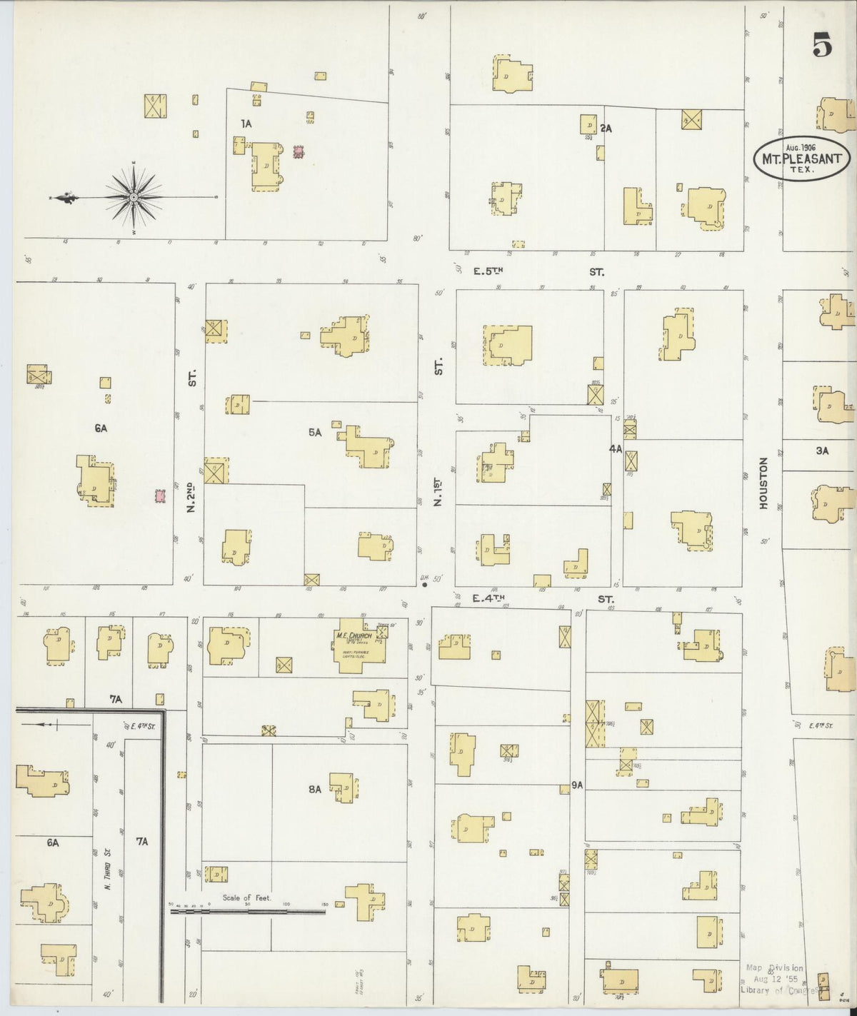 Sanborn Fire Insurance Map from Mount Pleasant, Titus County, Texas (1906), Sheet #0005 - Complete Map Set gallery image, historic Sanborn map, vintage wall art, Texas Texas