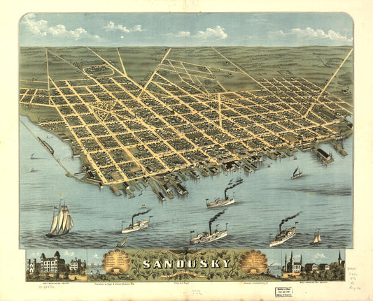 Bird's-eye-view of the city of Sandusky, Erie County, Ohio 1870. (1870) – Historic Bird’s-Eye View Panorama Print