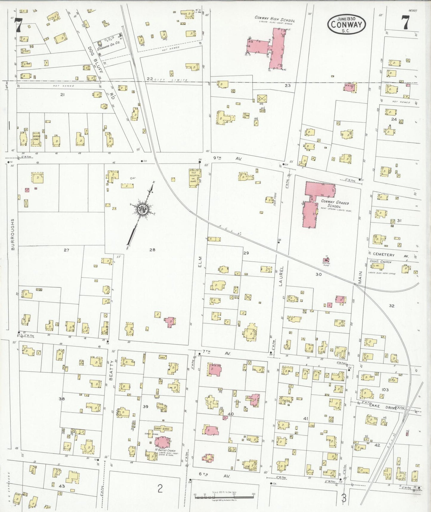 Sanborn Fire Insurance Map from Conway, Horry County, South Carolina (1930), Sheet #0007 - Complete Map Set gallery image, historic Sanborn map, vintage wall art, South Carolina South Carolina