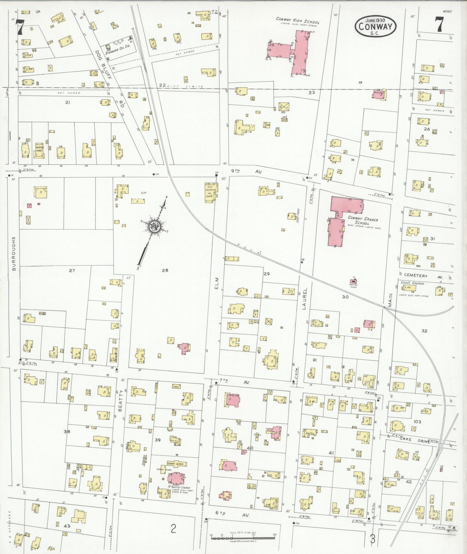 Sanborn Fire Insurance Map from Conway, Horry County, South Carolina (1930), Sheet #0007 - Complete Map Set gallery image, historic Sanborn map, vintage wall art, South Carolina South Carolina