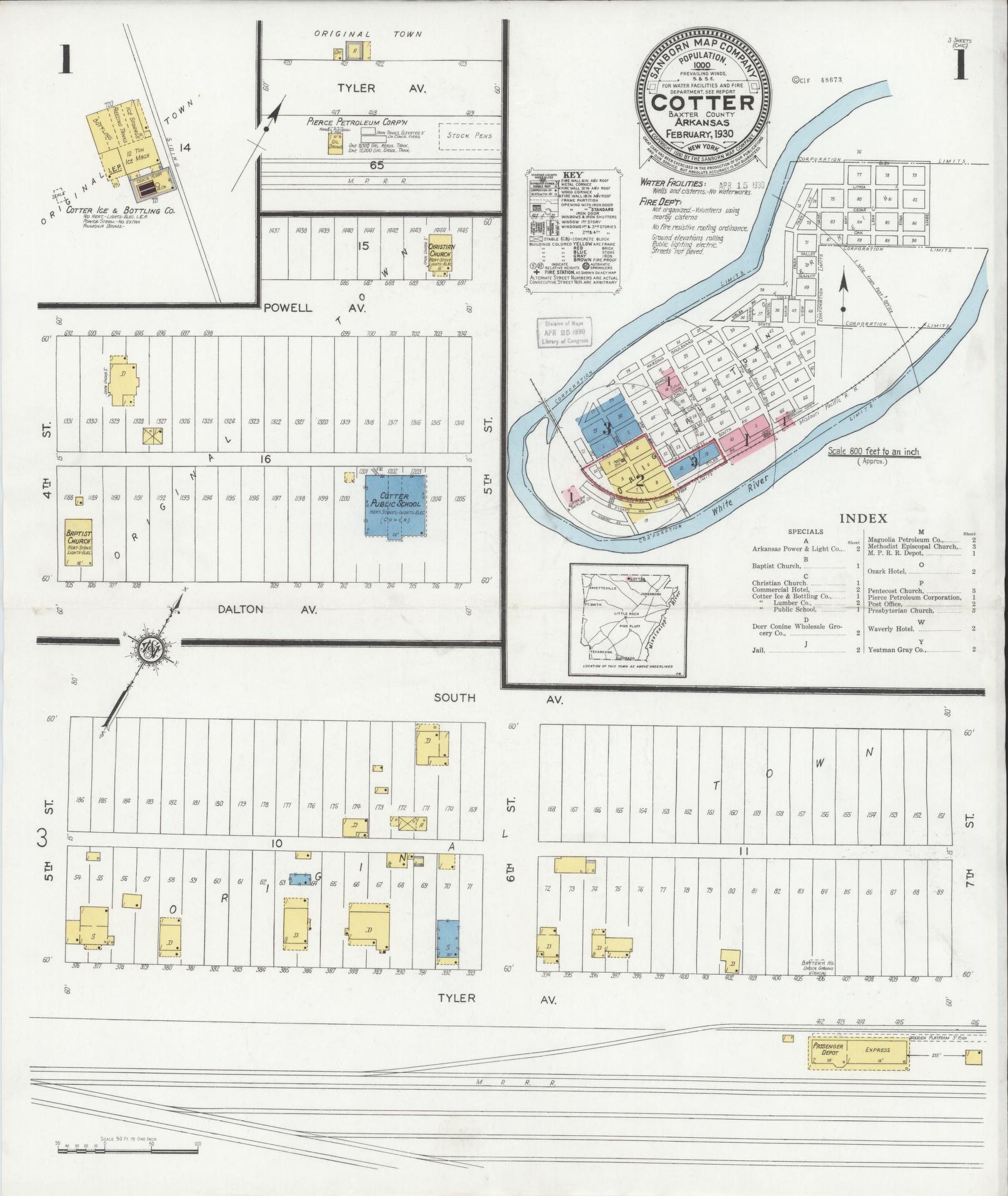 Sanborn Fire Insurance Map from Cotter, Baxter County, Arkansas (1930), Sheet #0001 - Historic Sanborn Fire Insurance Map Print, vintage old map wall art, antique decor, genealogy gift, Arkansas Arkansas map