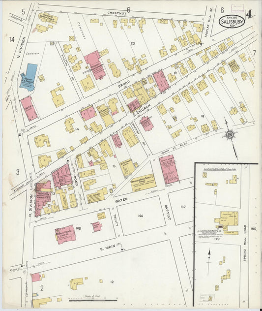 Sanborn Fire Insurance Map from Salisbury, Wicomico County, Maryland (1916), Sheet #0004 - Historic Sanborn Fire Insurance Map Print, vintage old map wall art