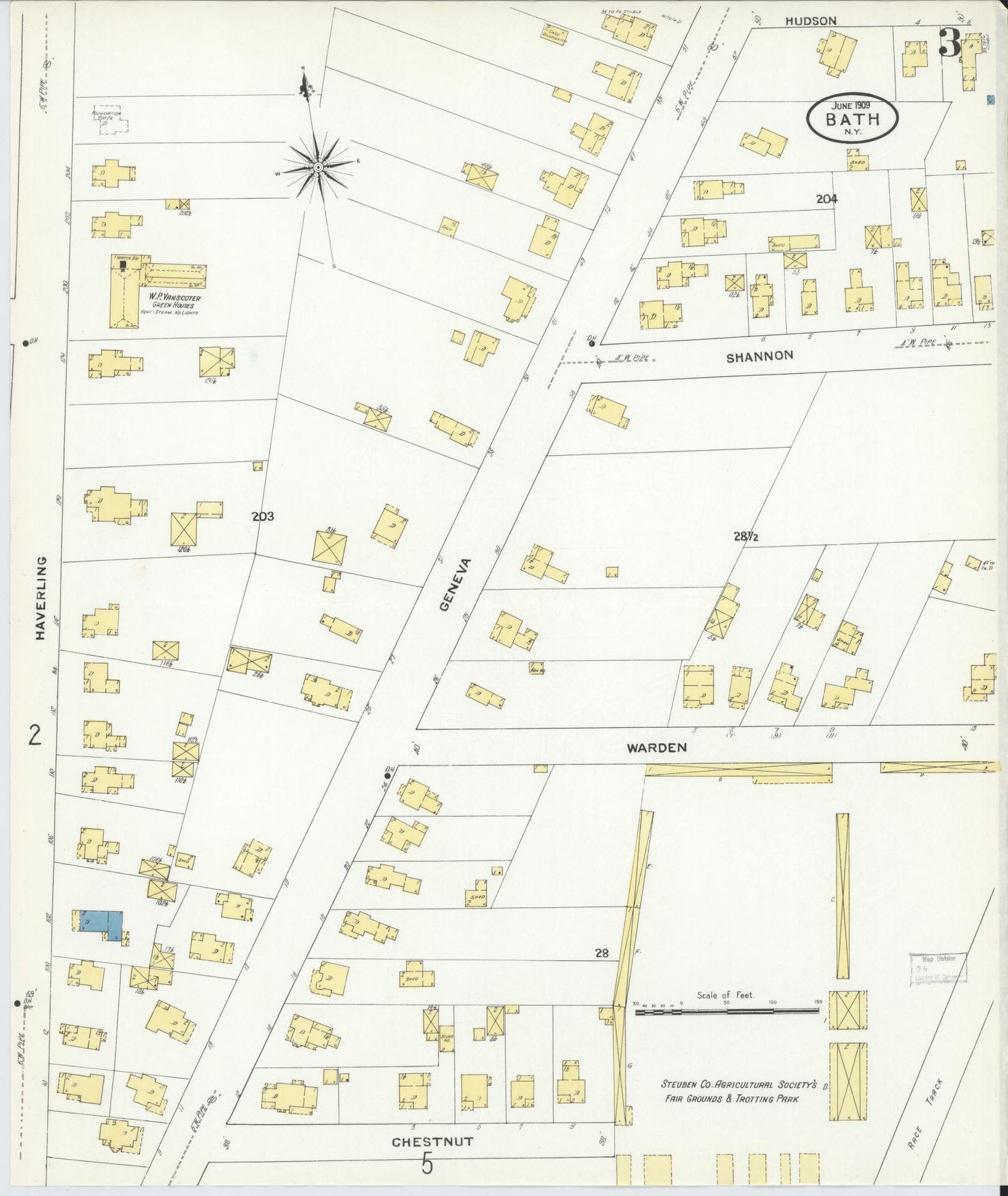 Sanborn Fire Insurance Map from Bath, Steuben County, New York (1909), Sheet #0003 - Historic Sanborn Fire Insurance Map Print, vintage old map wall art, antique decor, genealogy gift, New York New York map