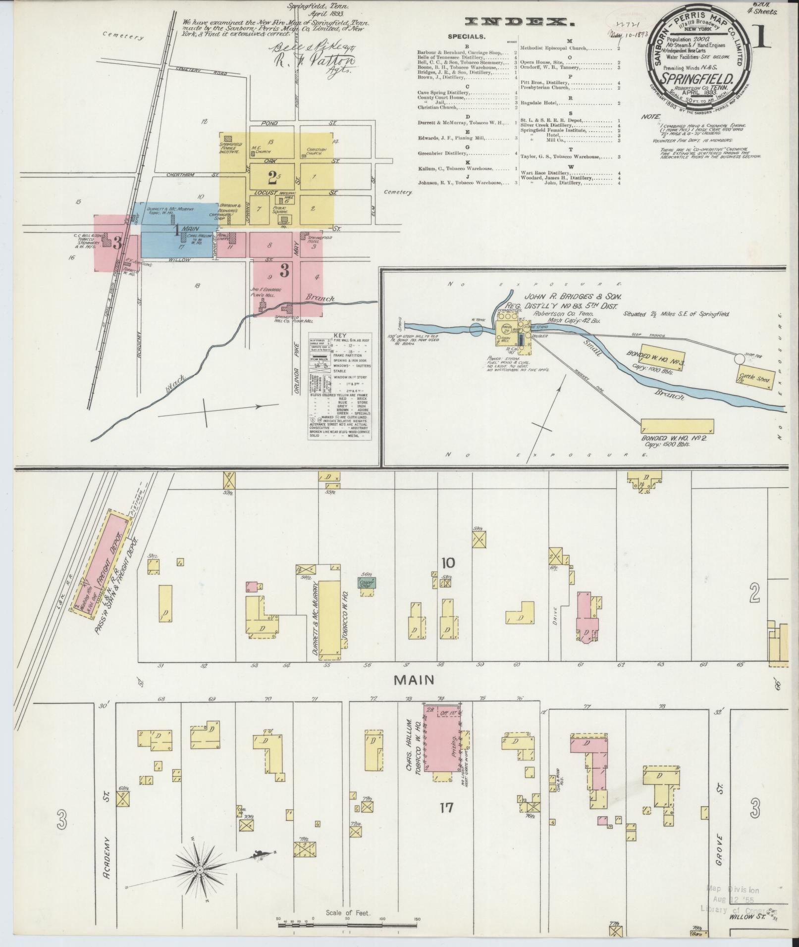Sanborn Fire Insurance Map from Springfield, Robertson County, Tennessee (1893), Sheet #0001 - Historic Sanborn Fire Insurance Map Print, vintage old map wall art, antique decor, genealogy gift, Tennessee Tennessee map