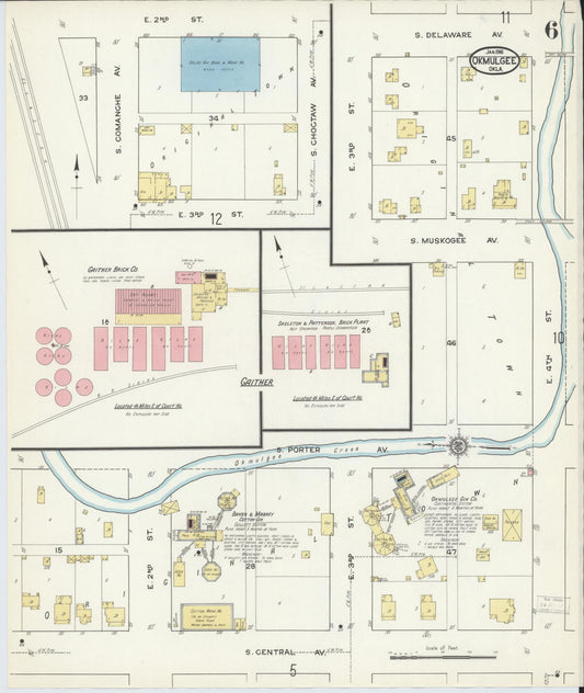 Sanborn Fire Insurance Map from Okmulgee, Okmulgee County, Oklahoma (1916), Sheet #0006 - Historic Sanborn Fire Insurance Map Print, vintage old map wall art, antique decor, genealogy gift, Oklahoma Oklahoma map