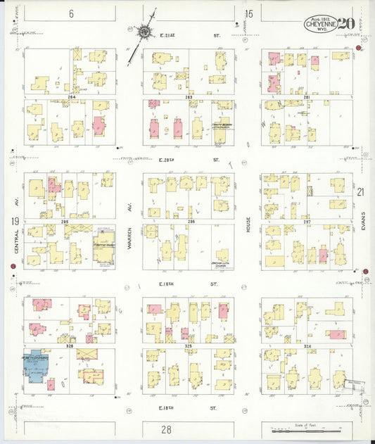 Sanborn Fire Insurance Map from Cheyenne, Laramie County, Wyoming (1912), Sheet #0020 - Historic Sanborn Fire Insurance Map Print, vintage old map wall art, antique decor, genealogy gift, Wyoming Wyoming map