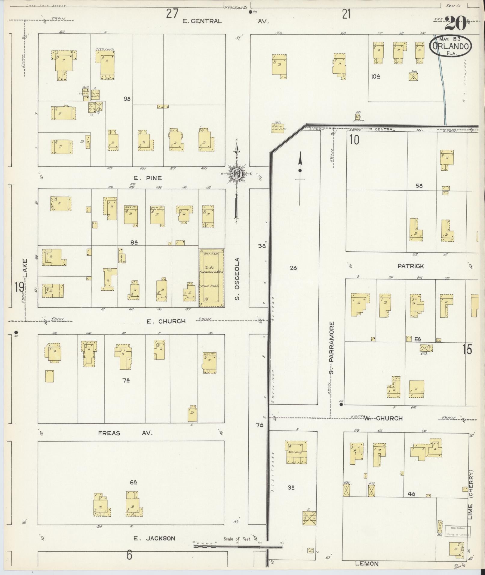 Sanborn Fire Insurance Map from Orlando, Orange County, Florida (1913), Sheet #0020 - Historic Sanborn Fire Insurance Map Print, vintage old map wall art, antique decor, genealogy gift, Florida Florida map