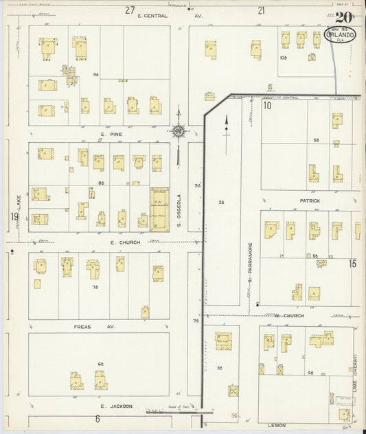 Sanborn Fire Insurance Map from Orlando, Orange County, Florida (1913), Sheet #0020 - Historic Sanborn Fire Insurance Map Print, vintage old map wall art, antique decor, genealogy gift, Florida Florida map