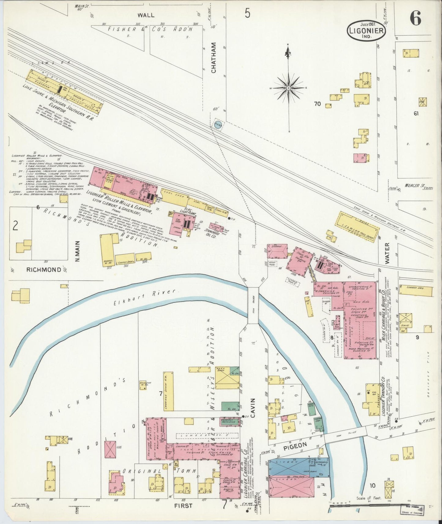Sanborn Fire Insurance Map from Ligonier, Noble County, Indiana (1907), Sheet #0006 - Historic Sanborn Fire Insurance Map Print, vintage old map wall art, antique decor, genealogy gift, Indiana Indiana map