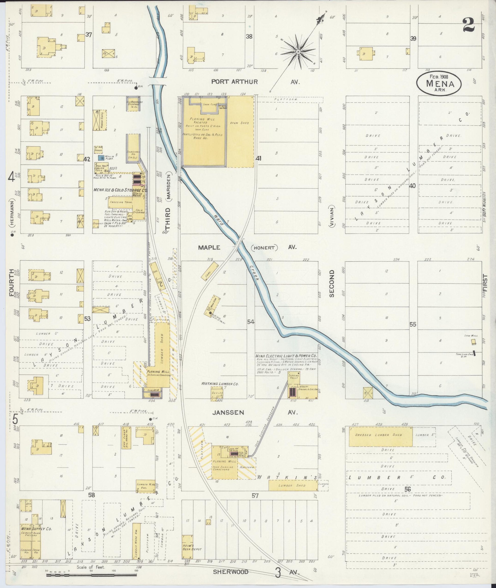 Sanborn Fire Insurance Map from Mena, Polk County, Arkansas (1908), Sheet #0002 - Historic Sanborn Fire Insurance Map Print, vintage old map wall art, antique decor, genealogy gift, Arkansas Arkansas map