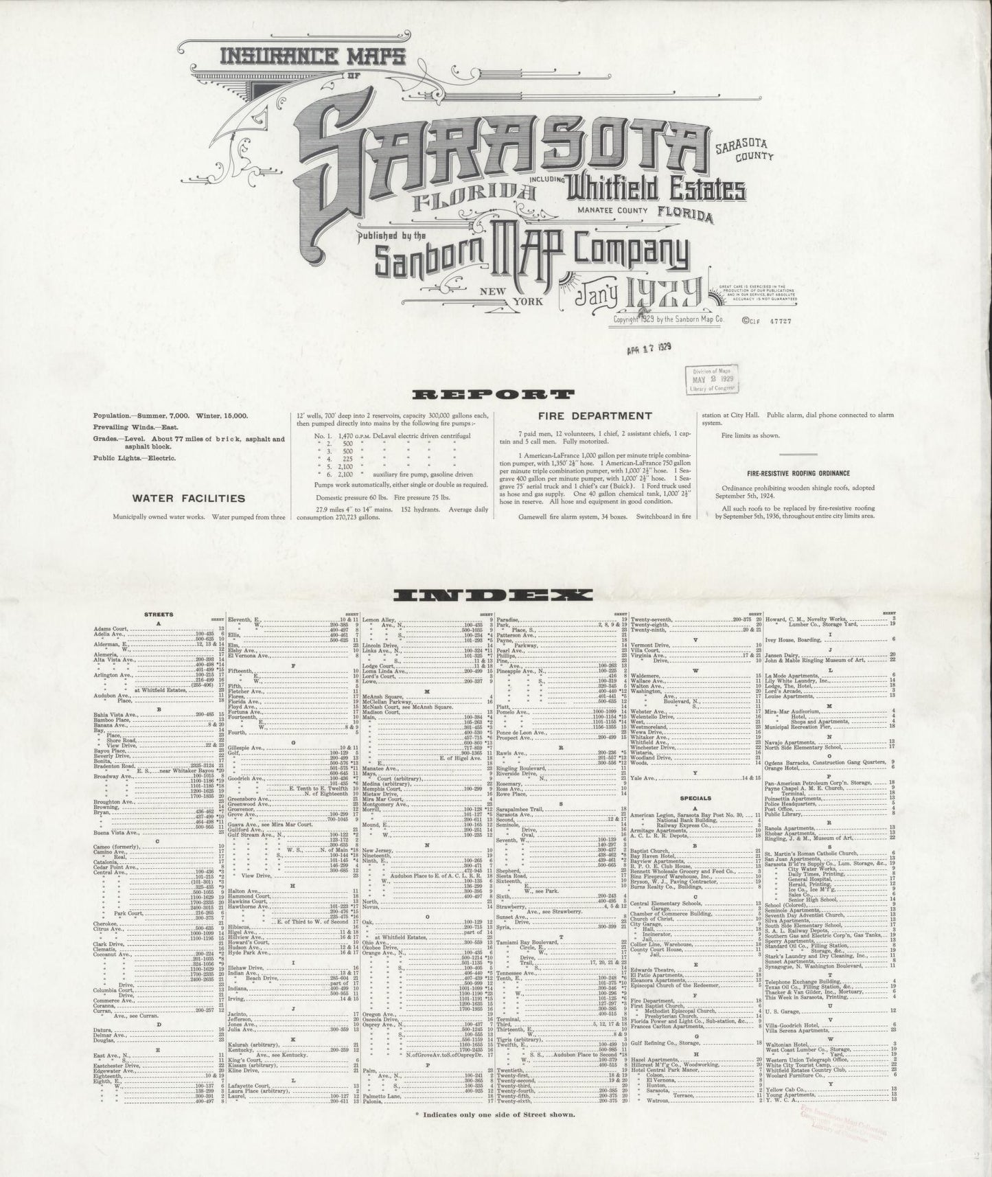 Sanborn Fire Insurance Map from Sarasota, Sarasota County, Florida (1929), Sheet #0001 - Historic Sanborn Fire Insurance Map Print, vintage old map wall art, antique decor, genealogy gift, Florida Florida map