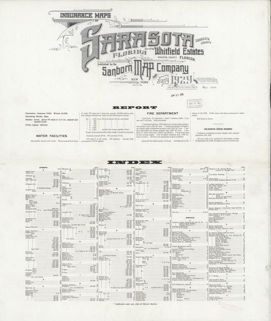 Sanborn Fire Insurance Map from Sarasota, Sarasota County, Florida (1929), Sheet #0001 - Historic Sanborn Fire Insurance Map Print, vintage old map wall art, antique decor, genealogy gift, Florida Florida map
