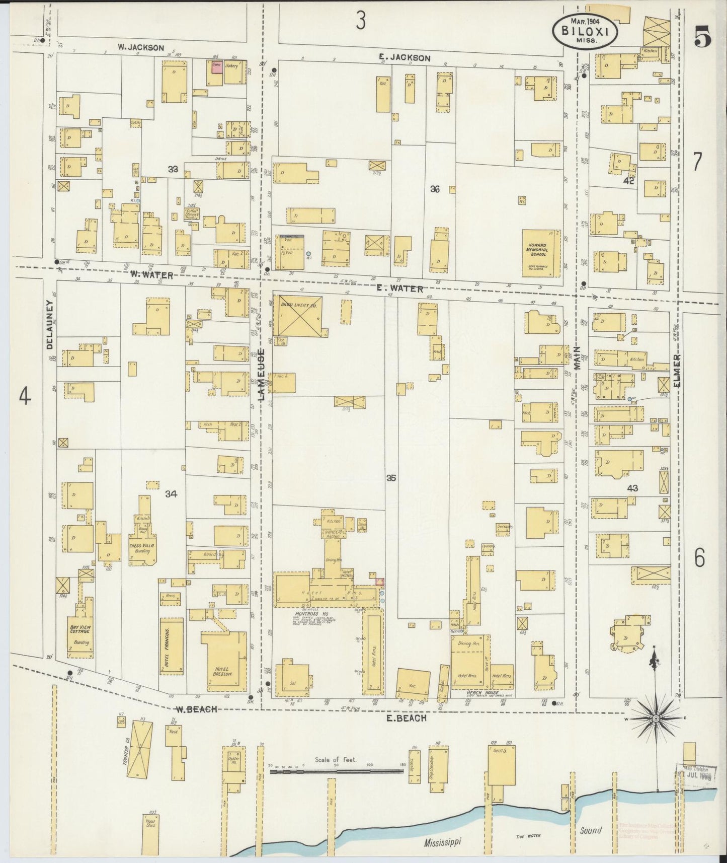 Sanborn Fire Insurance Map from Biloxi, Harrison County, Mississippi (1904), Sheet #0005 - Complete Map Set gallery image, historic Sanborn map, vintage wall art, Mississippi Mississippi