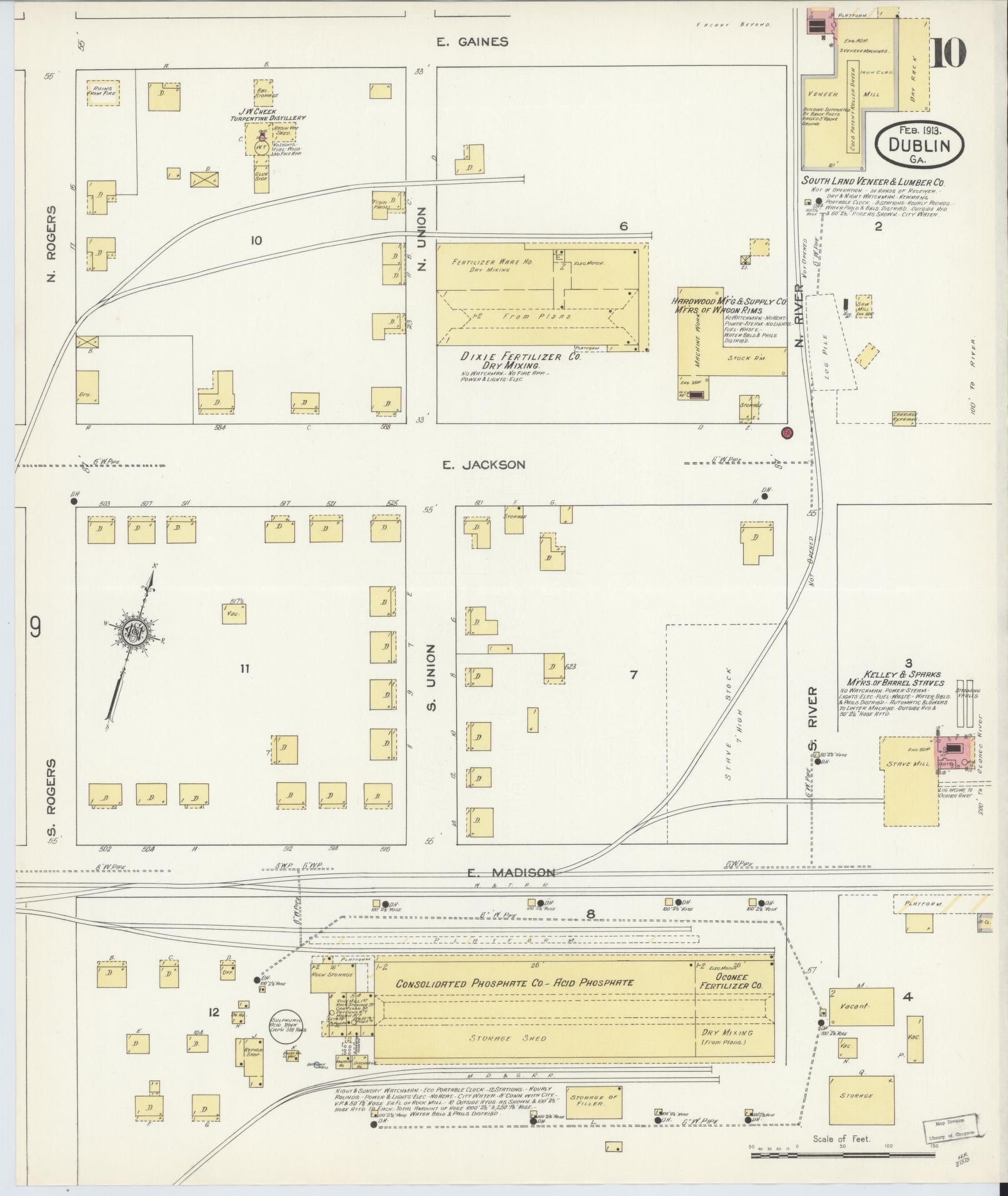 Sanborn Fire Insurance Map from Dublin, Laurens County, Georgia (1913), Sheet #0010 - Historic Sanborn Fire Insurance Map Print, vintage old map wall art, antique decor, genealogy gift, Georgia Georgia map