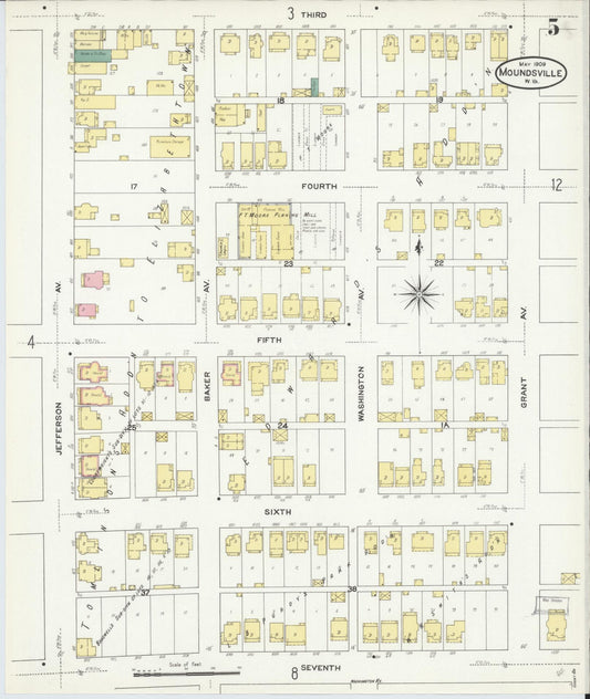 Sanborn Fire Insurance Map from Moundsville, Marshall County, West Virginia (1909), Sheet #0005 - Historic Sanborn Fire Insurance Map Print, vintage old map wall art, antique decor, genealogy gift, West Virginia West Virginia map