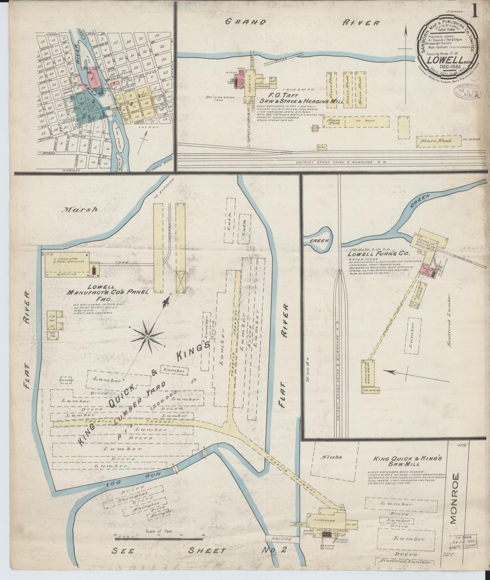Sanborn Fire Insurance Map from Lowell, Kent County, Michigan (1885), Sheet #0001 - Complete Map Set gallery image, historic Sanborn map, vintage wall art, Michigan Michigan