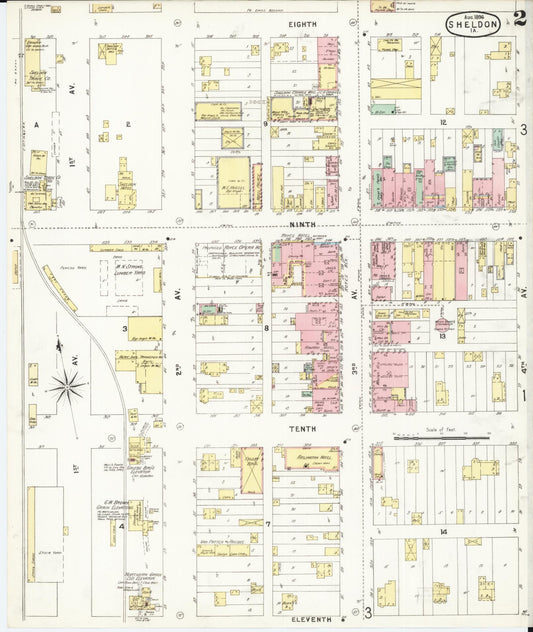 Sanborn Fire Insurance Map from Sheldon, O'Brien County, Iowa (1896), Sheet #0002 - Historic Sanborn Fire Insurance Map Print, vintage old map wall art