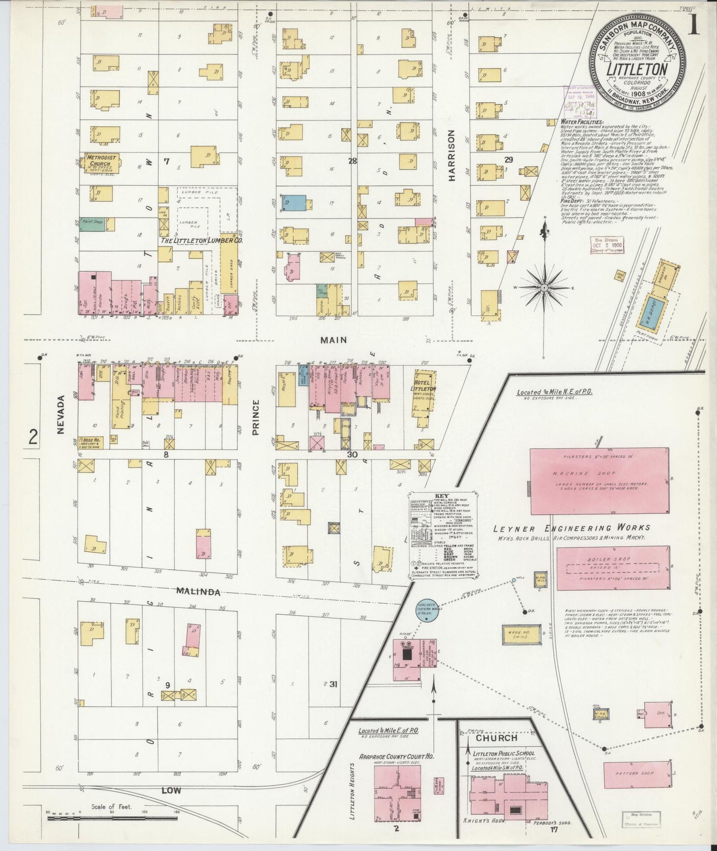 Sanborn Fire Insurance Map from Littleton, Arapahoe County, Colorado (1908), Sheet #0001 - Historic Sanborn Fire Insurance Map Print, vintage old map wall art, antique decor, genealogy gift, Colorado Colorado map
