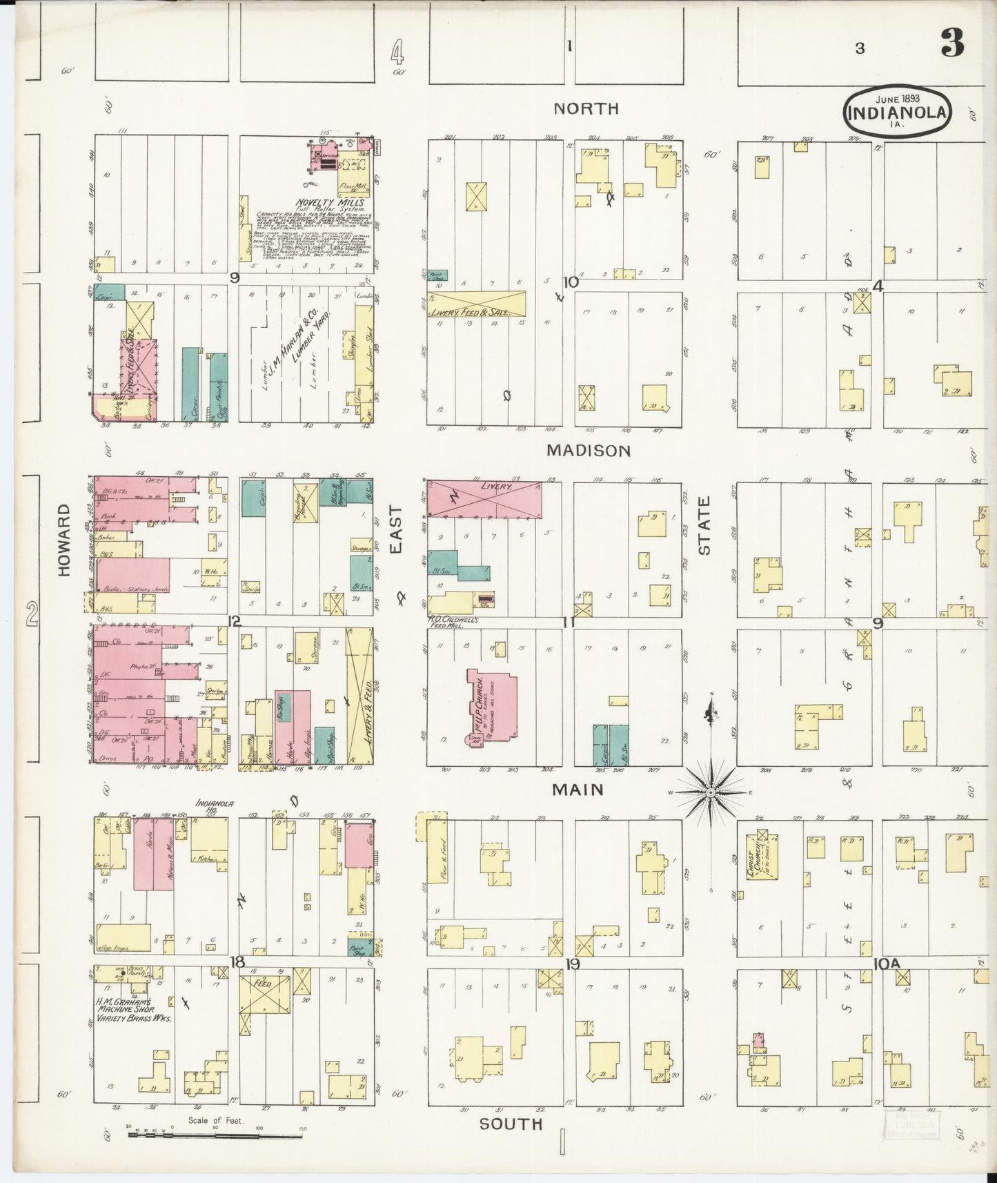 Sanborn Fire Insurance Map from Indianola, Warren County, Iowa (1893), Sheet #0003 - Historic Sanborn Fire Insurance Map Print, vintage old map wall art