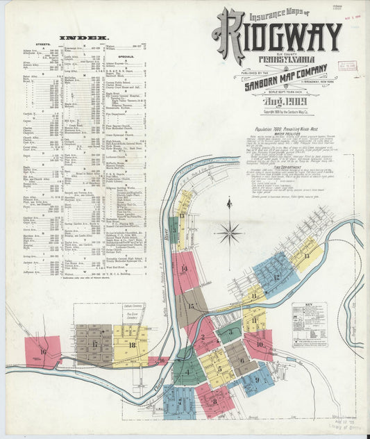 Sanborn Fire Insurance Map from Ridgway, Elk County, Pennsylvania (1909), Sheet #0001 - Historic Sanborn Fire Insurance Map Print, vintage old map wall art, antique decor, genealogy gift, Pennsylvania Pennsylvania map