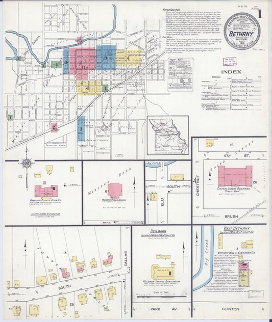 Sanborn Fire Insurance Map from Bethany, Harrison County, Missouri (1916), Sheet #0001 - Historic Sanborn Fire Insurance Map Print, vintage old map wall art, antique decor, genealogy gift, Missouri Missouri map