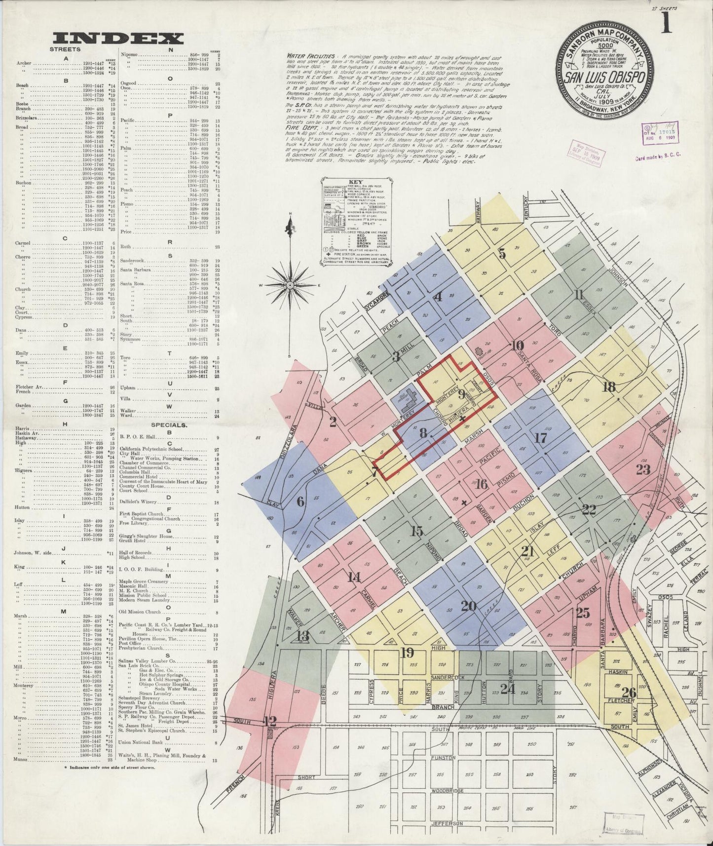 Sanborn Fire Insurance Map from San Luis Obispo, San Luis Obispo County, California (1909), Sheet #0001 - Complete Map Set gallery image, historic Sanborn map, vintage wall art, California California
