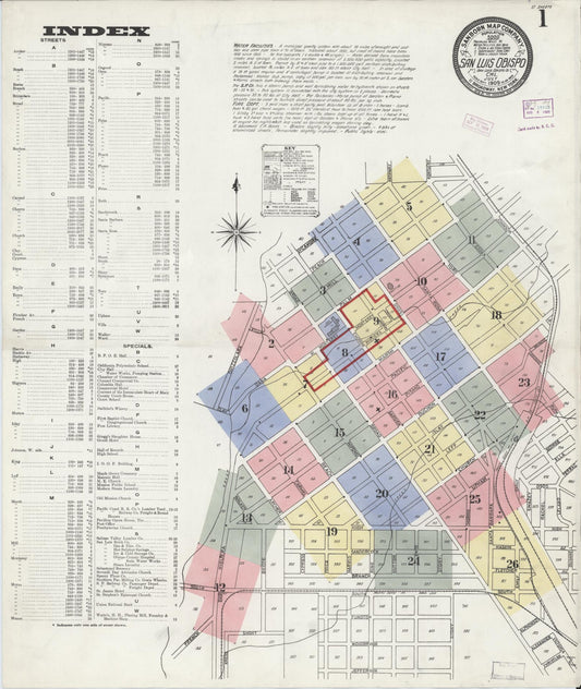 Sanborn Fire Insurance Map from San Luis Obispo, San Luis Obispo County, California (1909), Sheet #0001 - Complete Map Set gallery image, historic Sanborn map, vintage wall art, California California