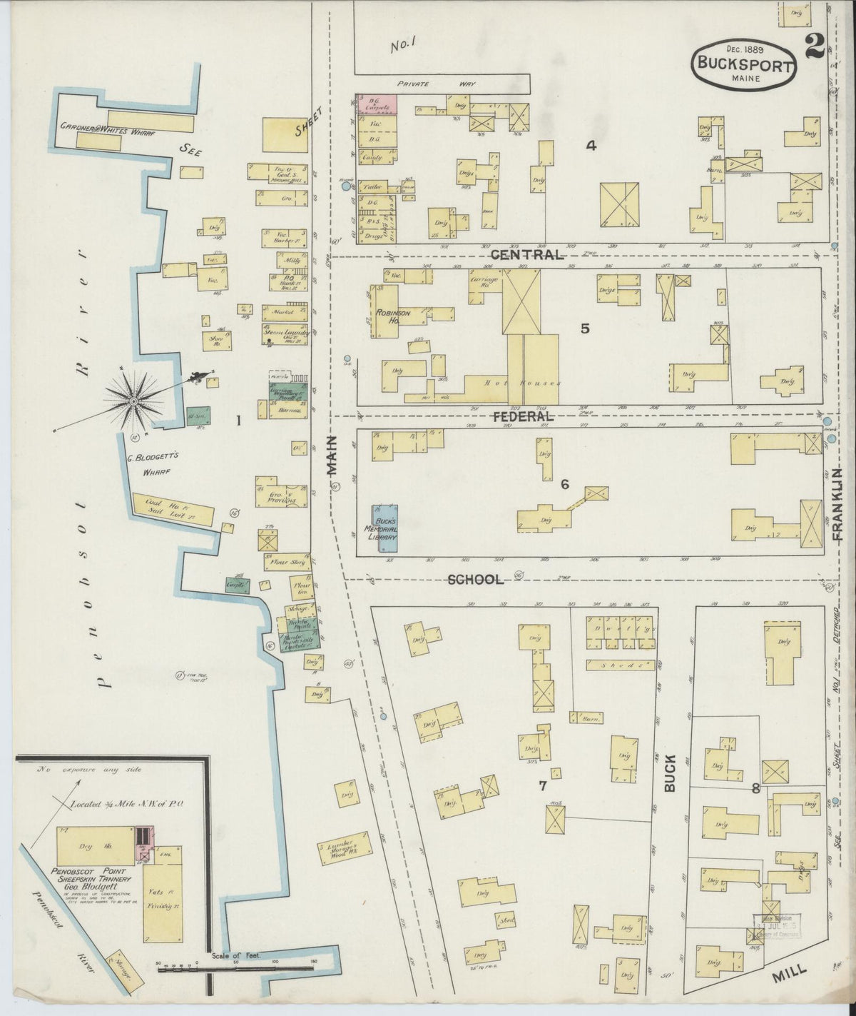 Sanborn Fire Insurance Map from Bucksport, Hancock County, Maine (1889), Sheet #0002 - Complete Map Set gallery image, historic Sanborn map, vintage wall art, Maine Maine