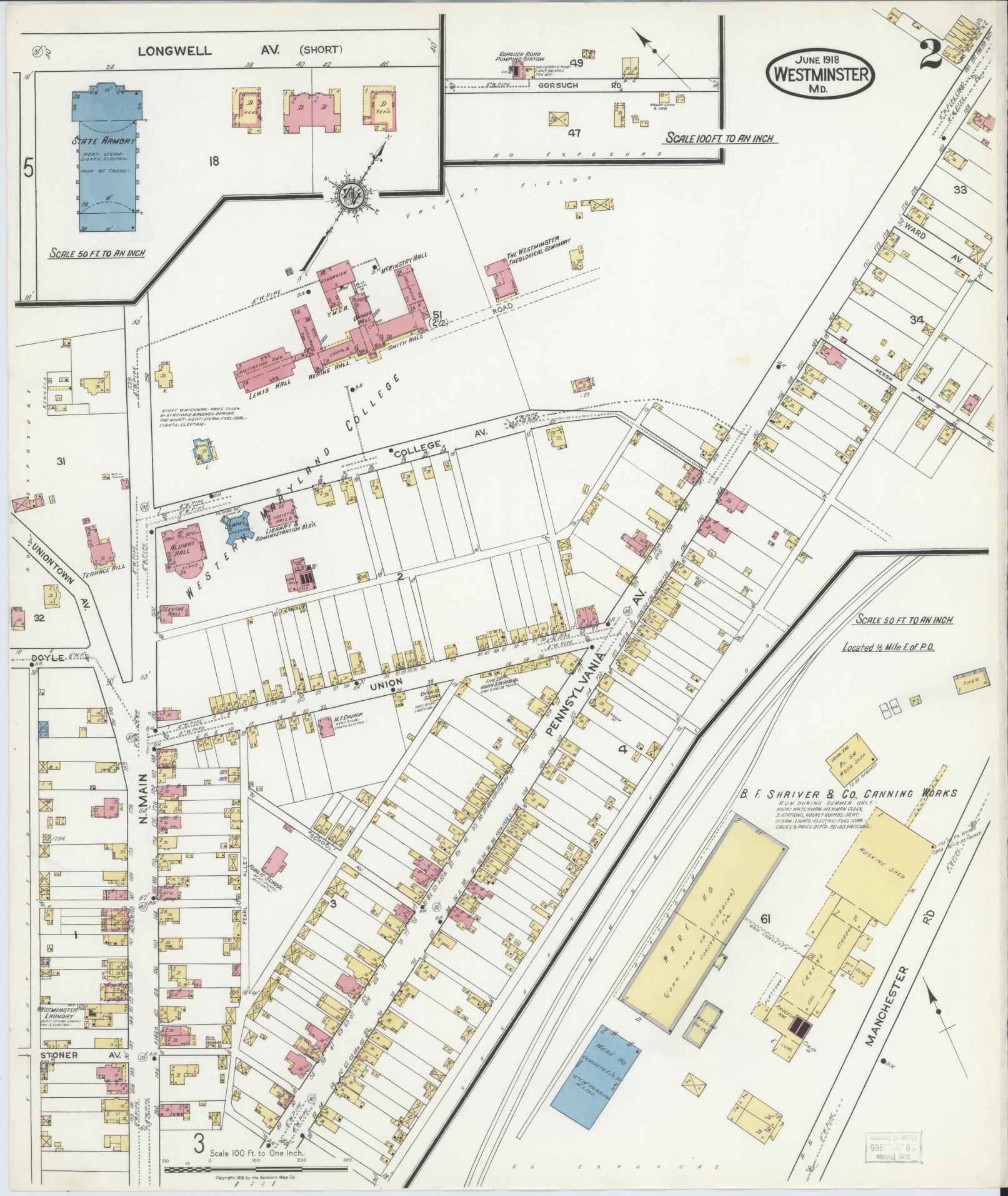 Sanborn Fire Insurance Map from Westminster, Carroll County, Maryland (1918), Sheet #0002 - Historic Sanborn Fire Insurance Map Print, vintage old map wall art