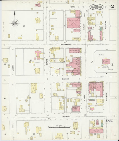 Sanborn Fire Insurance Map from Holly Springs, Marshall County, Mississippi (1907), Sheet #0002 - Complete Map Set gallery image, historic Sanborn map, vintage wall art, Mississippi Mississippi