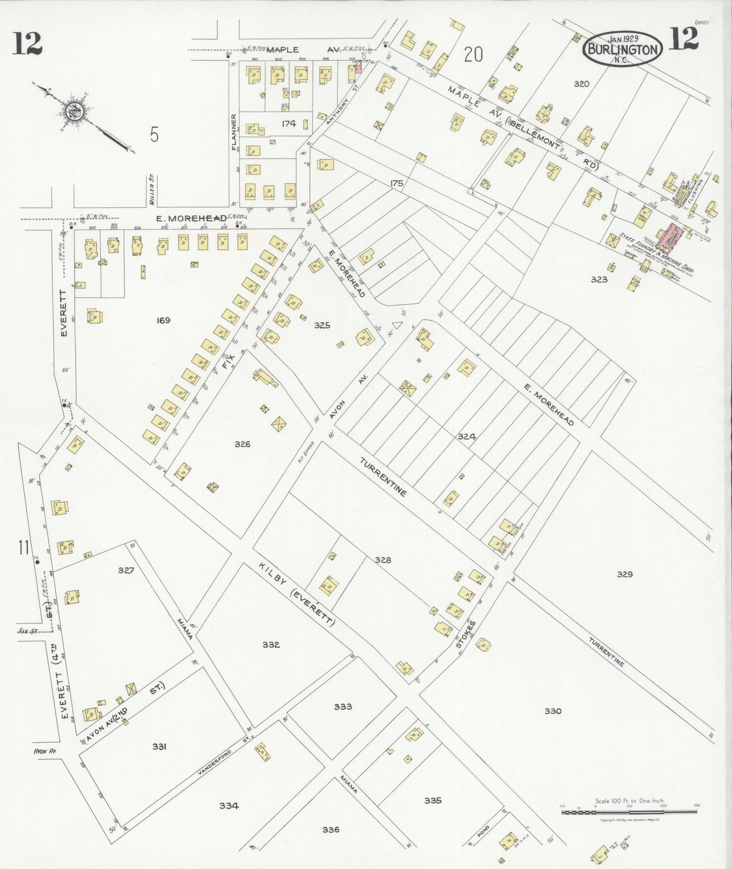Sanborn Fire Insurance Map from Burlington, Alamance County, North Carolina (1929), Sheet #0012 - Complete Map Set gallery image, historic Sanborn map, vintage wall art, North Carolina North Carolina