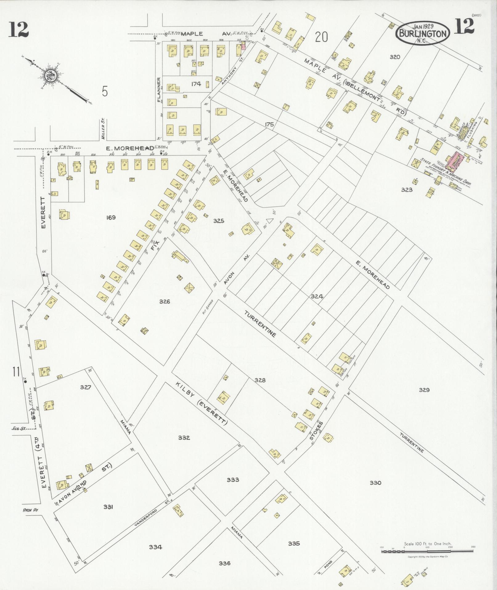 Sanborn Fire Insurance Map from Burlington, Alamance County, North Carolina (1929), Sheet #0012 - Complete Map Set gallery image, historic Sanborn map, vintage wall art, North Carolina North Carolina