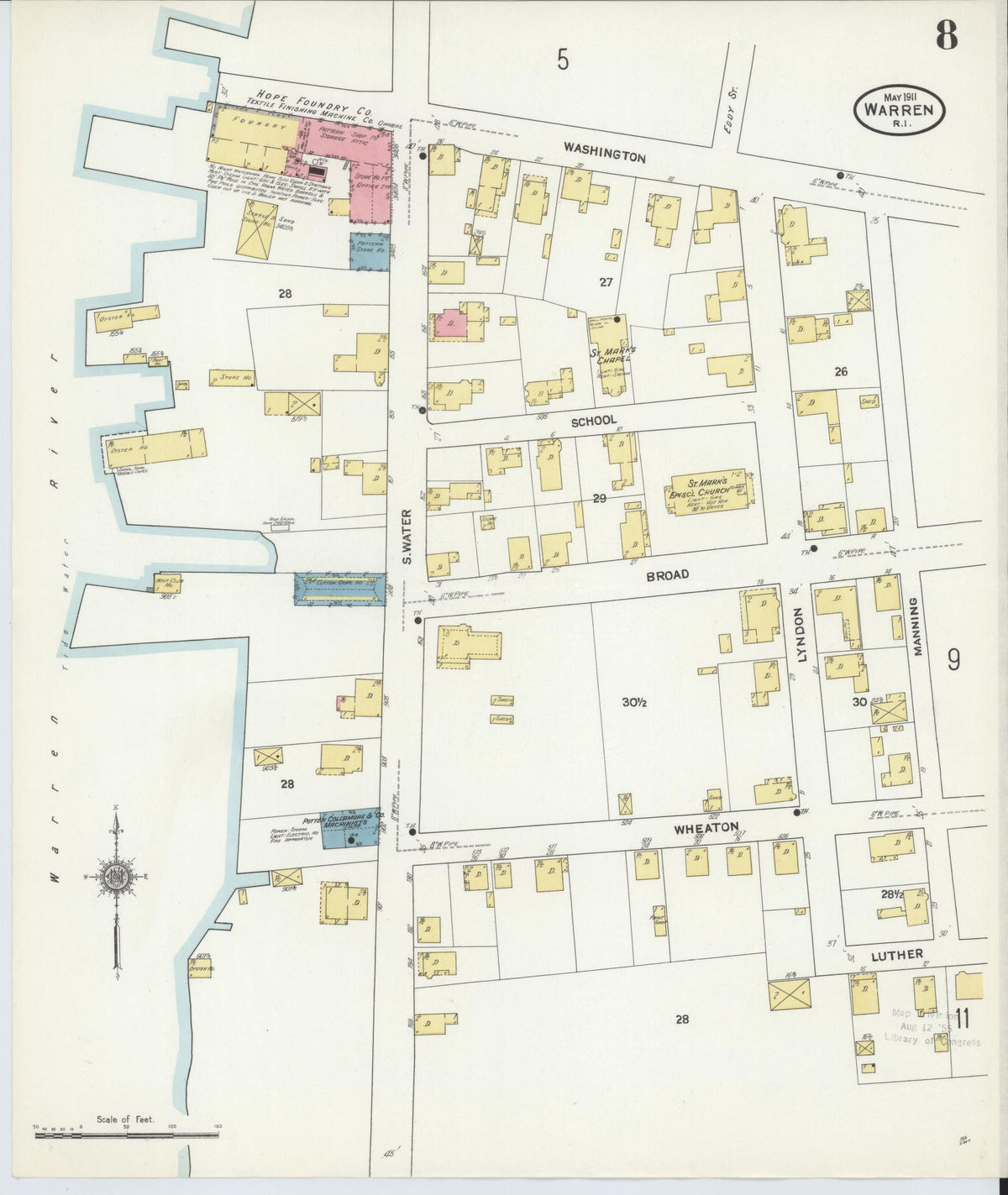 Sanborn Fire Insurance Map from Warren, Bristol County, Rhode Island (1911), Sheet #0008 - Complete Map Set gallery image, historic Sanborn map, vintage wall art, Rhode Island Rhode Island