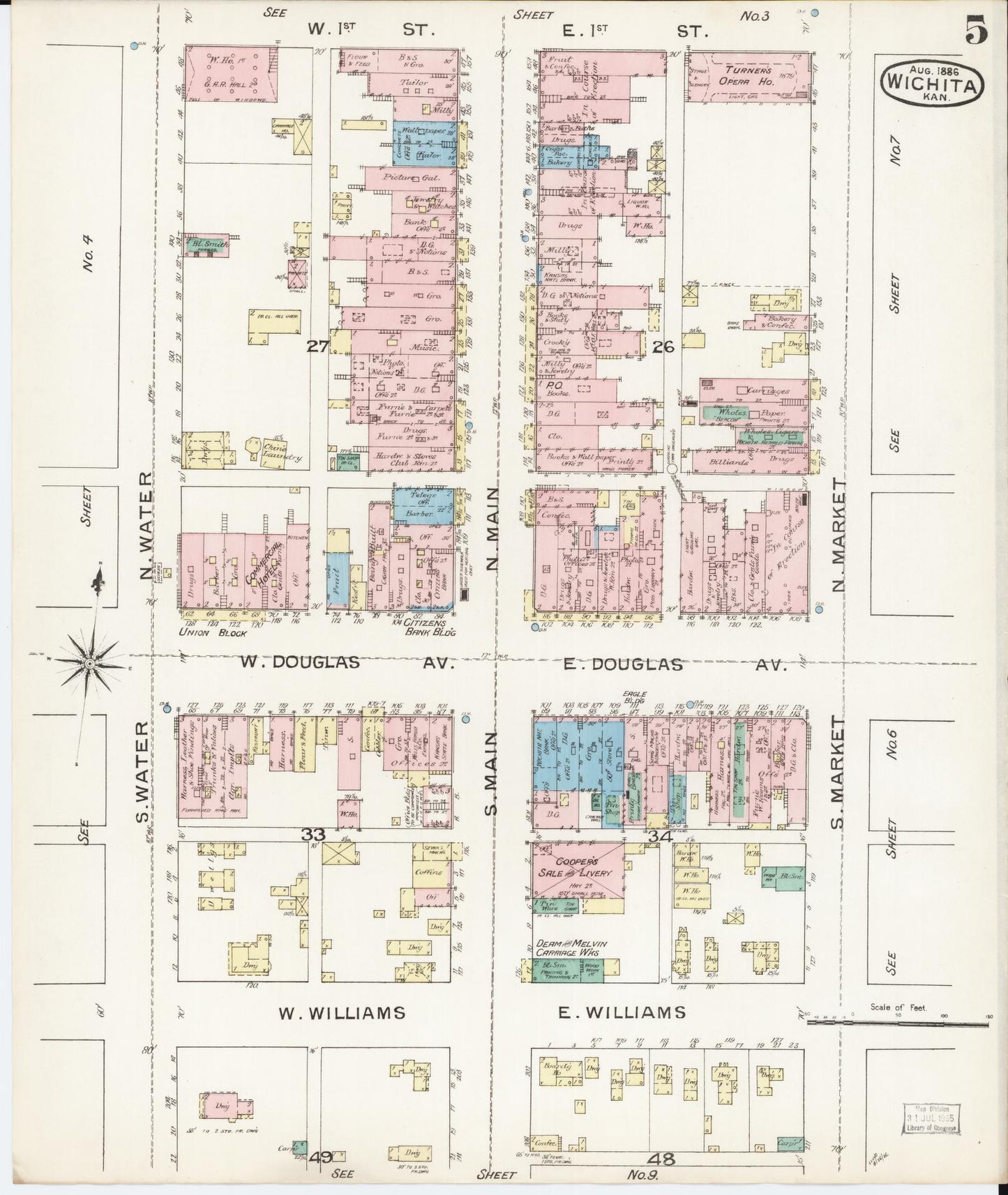 Sanborn Fire Insurance Map from Wichita, Sedgwick County, Kansas (1886), Sheet #0005 - Complete Map Set gallery image, historic Sanborn map, vintage wall art, Kansas Kansas