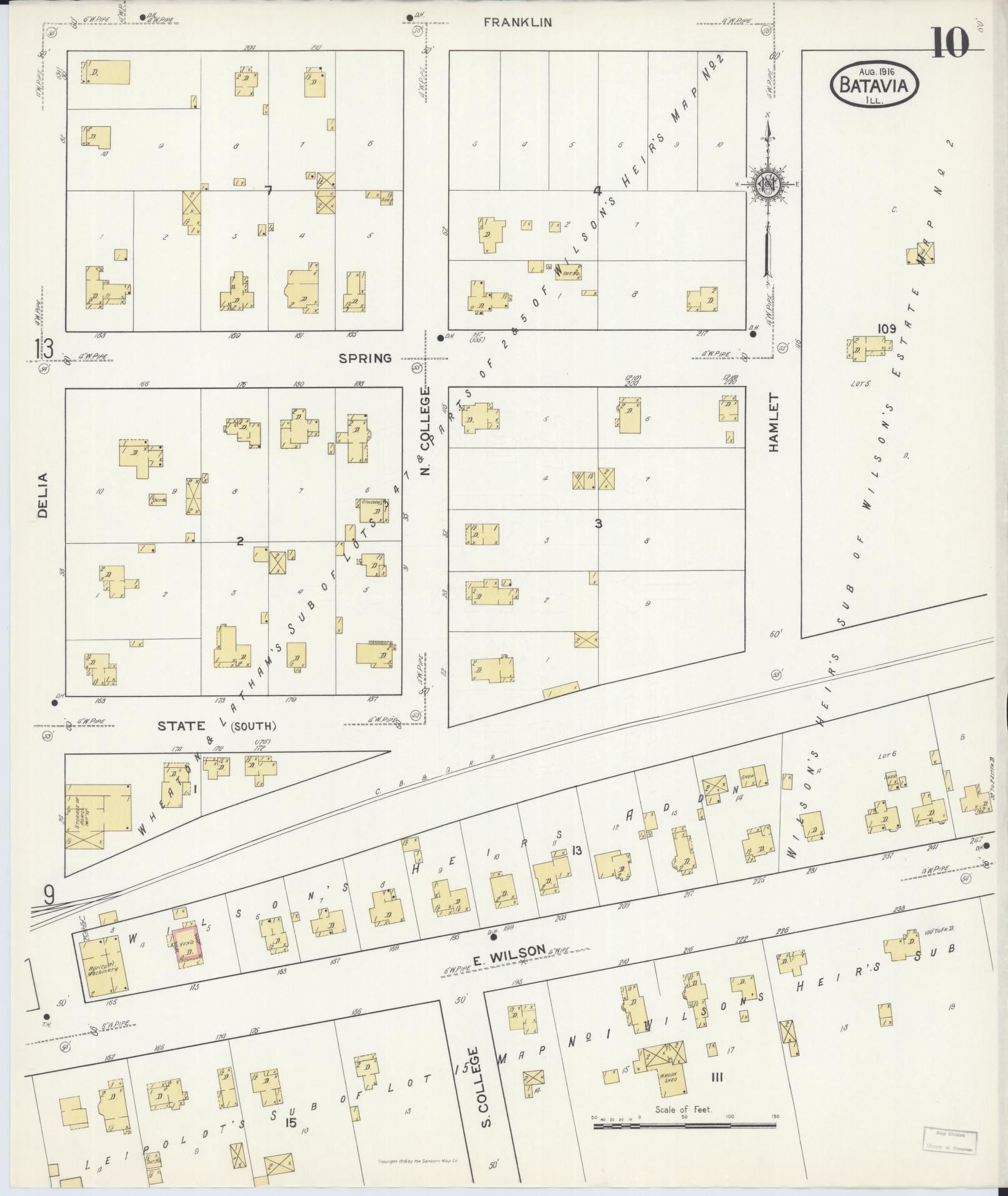 Sanborn Fire Insurance Map from Batavia, Kane County, Illinois (1916), Sheet #0010 - Historic Sanborn Fire Insurance Map Print, vintage old map wall art, antique decor, genealogy gift, Illinois Illinois map