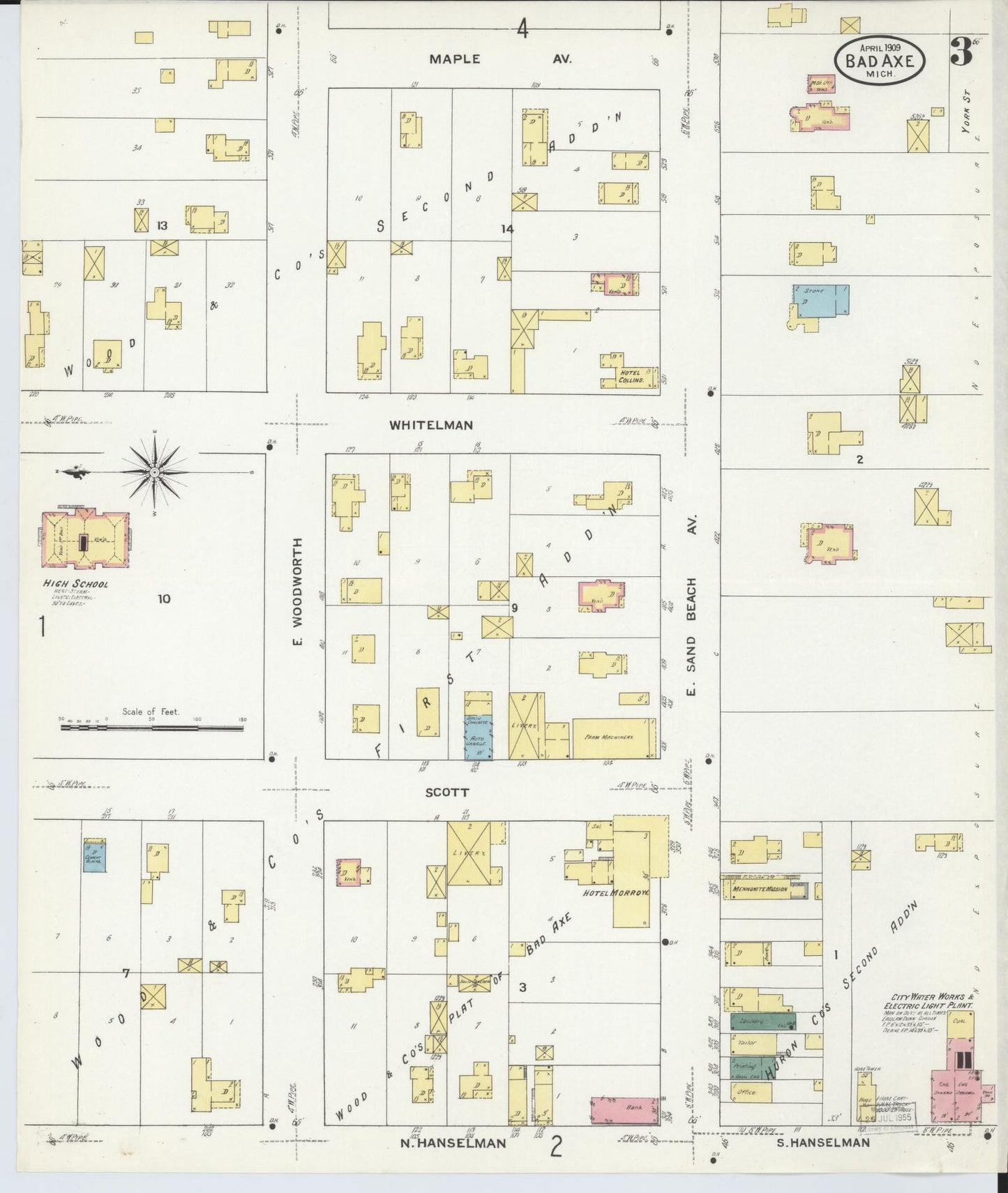 Sanborn Fire Insurance Map from Bad Axe, Huron County, Michigan (1909), Sheet #0003 - Historic Sanborn Fire Insurance Map Print, vintage old map wall art, antique decor, genealogy gift, Michigan Michigan map