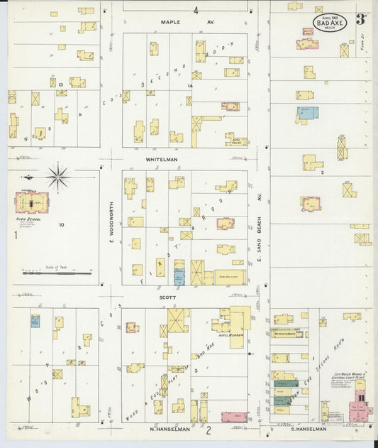 Sanborn Fire Insurance Map from Bad Axe, Huron County, Michigan (1909), Sheet #0003 - Historic Sanborn Fire Insurance Map Print, vintage old map wall art, antique decor, genealogy gift, Michigan Michigan map