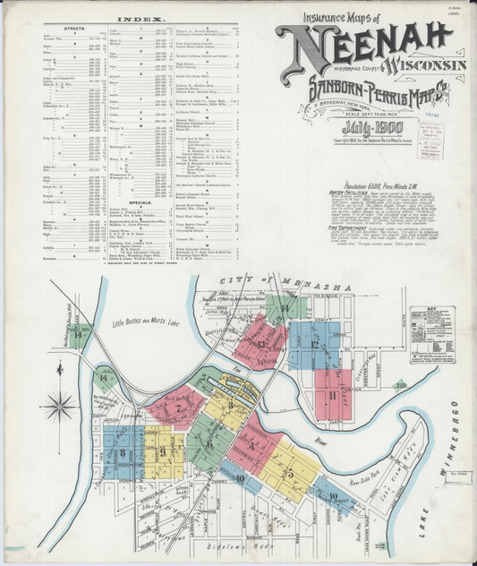 Sanborn Fire Insurance Map from Neenah, Winnebago County, Wisconsin (1900), Sheet #0001 - Historic Sanborn Fire Insurance Map Print, vintage old map wall art, antique decor, genealogy gift, Wisconsin Wisconsin map