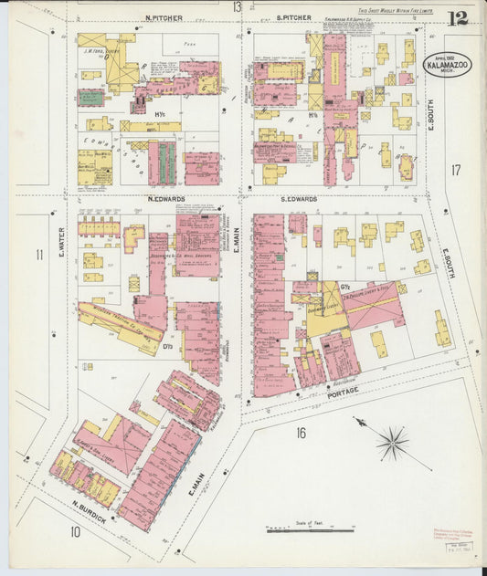Sanborn Fire Insurance Map from Kalamazoo, Kalamazoo County, Michigan (1902), Sheet #0012 - Historic Sanborn Fire Insurance Map Print, vintage old map wall art, antique decor, genealogy gift, Michigan Michigan map