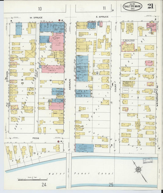 Sanborn Fire Insurance Map from Sault Sainte Marie, Chippewa County, Michigan (1915), Sheet #0021 - Historic Sanborn Fire Insurance Map Print, vintage old map wall art, antique decor, genealogy gift, Michigan Michigan map