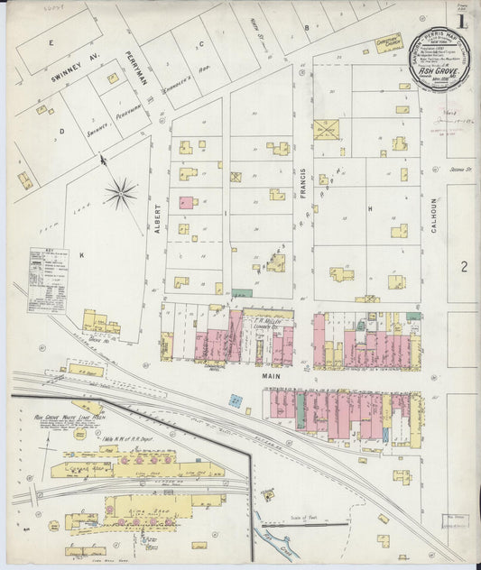 Sanborn Fire Insurance Map from Ash Grove, Greene County, Missouri (1896), Sheet #0001 - Complete Map Set gallery image, historic Sanborn map, vintage wall art, Missouri Missouri