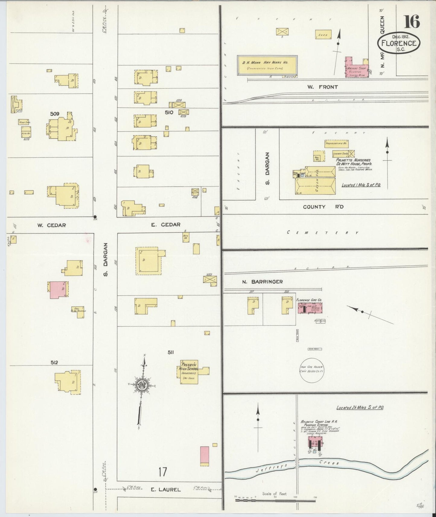 Sanborn Fire Insurance Map from Florence, Florence County, South Carolina (1912), Sheet #0016 - Historic Sanborn Fire Insurance Map Print, vintage old map wall art, antique decor, genealogy gift, South Carolina South Carolina map