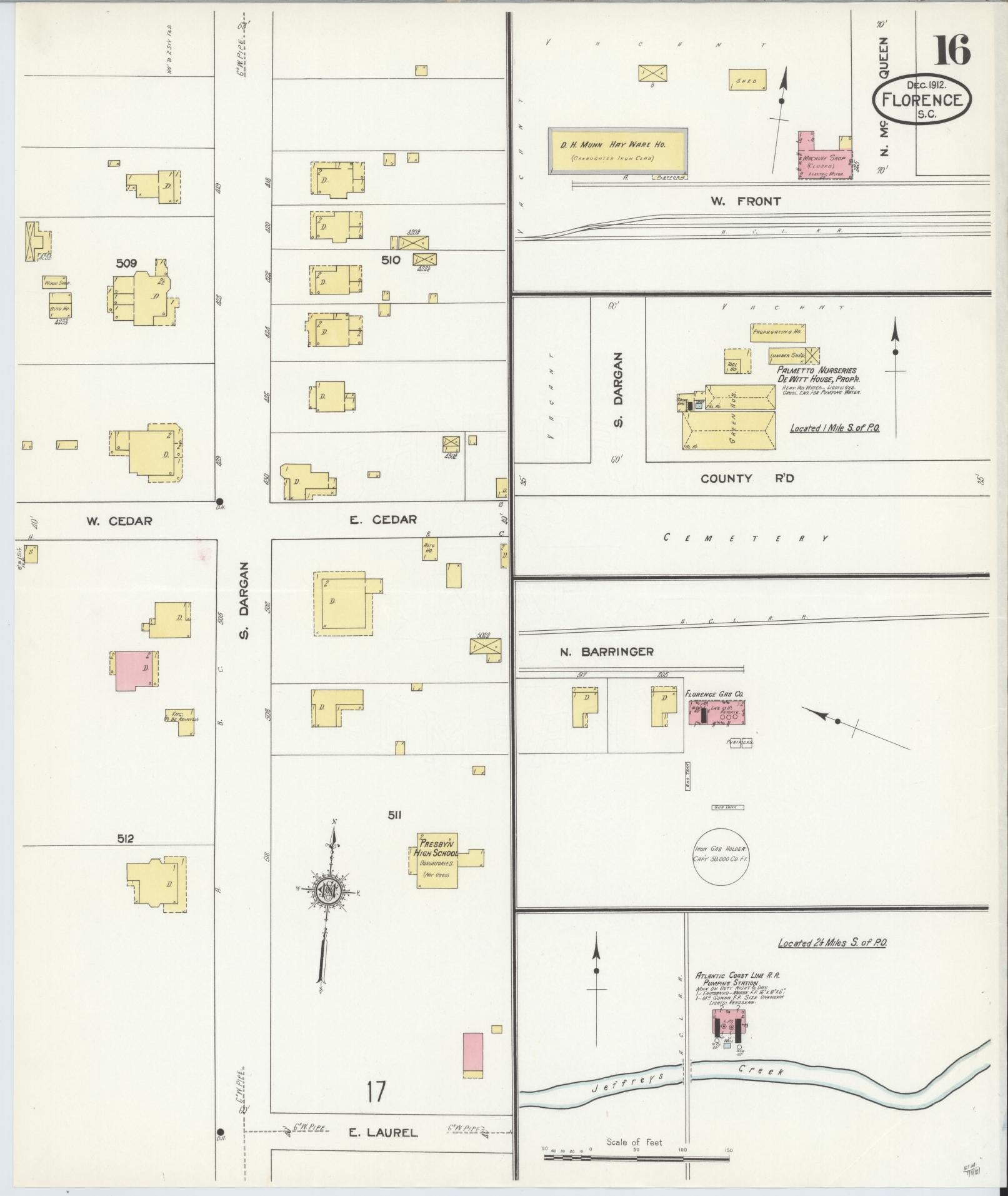 Sanborn Fire Insurance Map from Florence, Florence County, South Carolina (1912), Sheet #0016 - Historic Sanborn Fire Insurance Map Print, vintage old map wall art, antique decor, genealogy gift, South Carolina South Carolina map