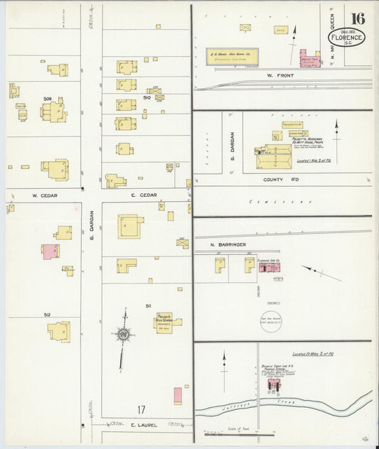 Sanborn Fire Insurance Map from Florence, Florence County, South Carolina (1912), Sheet #0016 - Historic Sanborn Fire Insurance Map Print, vintage old map wall art, antique decor, genealogy gift, South Carolina South Carolina map