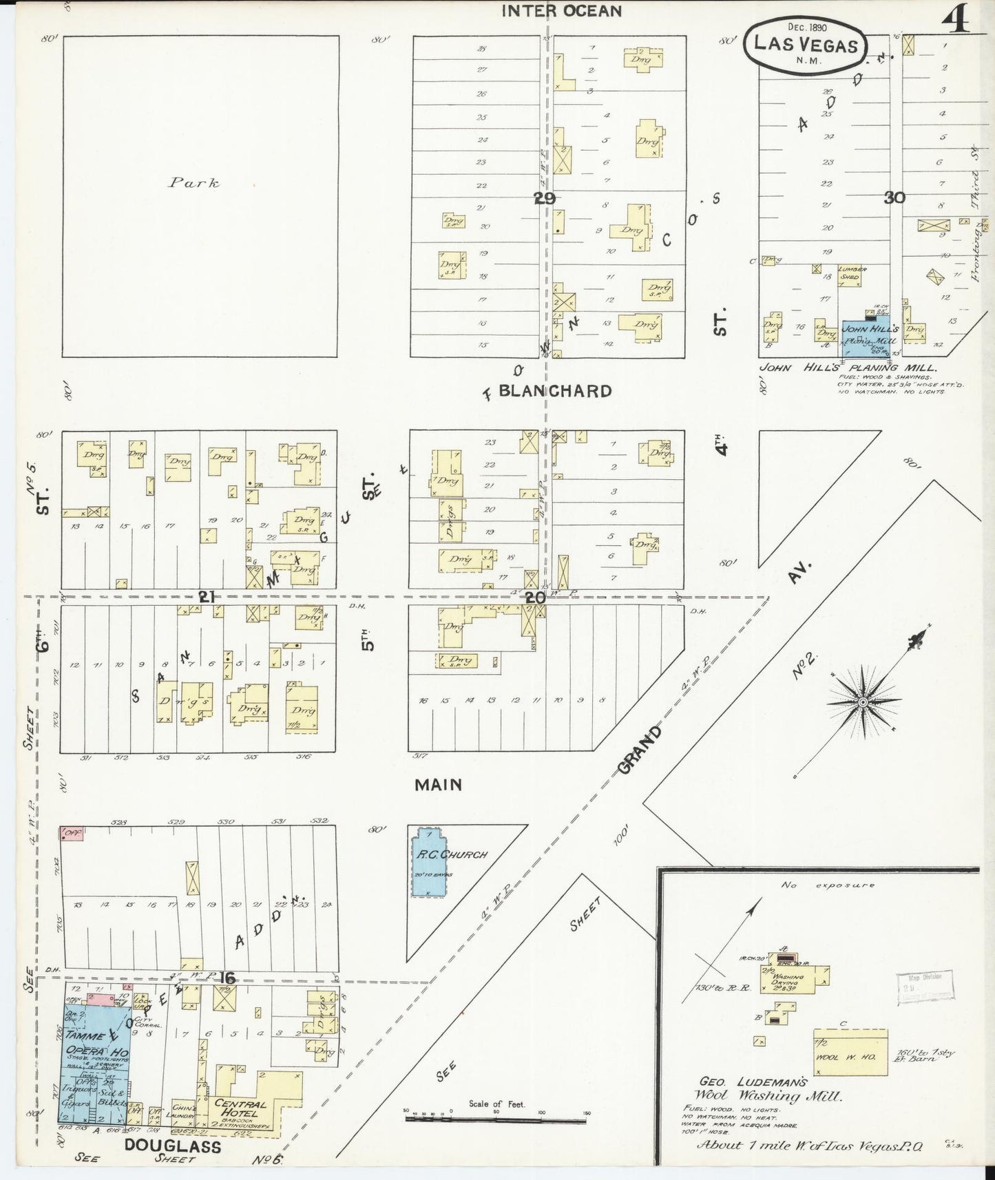 Sanborn Fire Insurance Map from Las Vegas, San Miguel County, New Mexico (1890), Sheet #0004 - Historic Sanborn Fire Insurance Map Print, vintage old map wall art, antique decor, genealogy gift, New Mexico New Mexico map