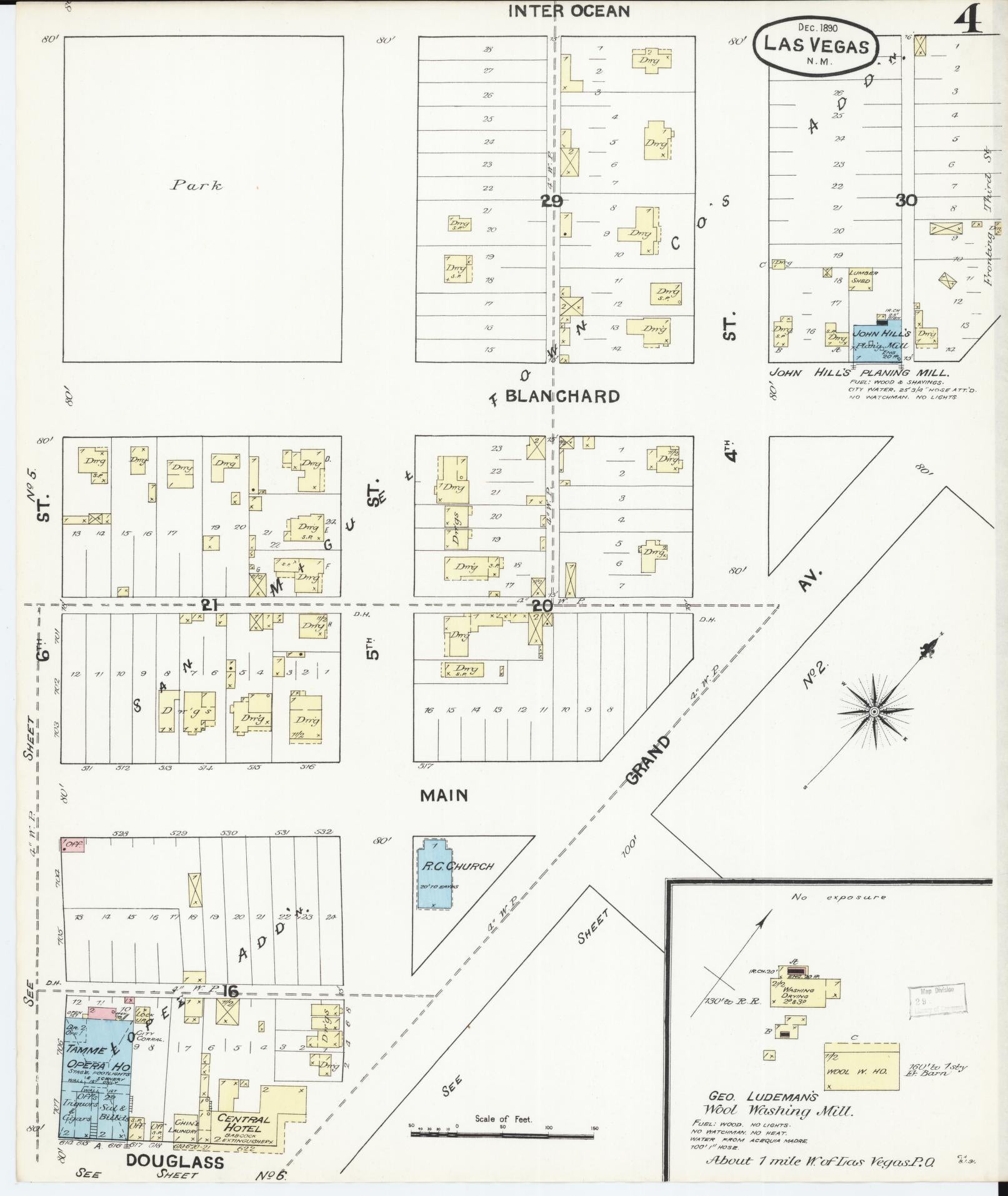 Sanborn Fire Insurance Map from Las Vegas, San Miguel County, New Mexico (1890), Sheet #0004 - Historic Sanborn Fire Insurance Map Print, vintage old map wall art, antique decor, genealogy gift, New Mexico New Mexico map