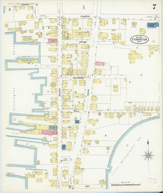 Sanborn Fire Insurance Map from Stonington, New London County, Connecticut (1907), Sheet #0007 - Historic Sanborn Fire Insurance Map Print, vintage old map wall art, antique decor, genealogy gift, Connecticut Connecticut map