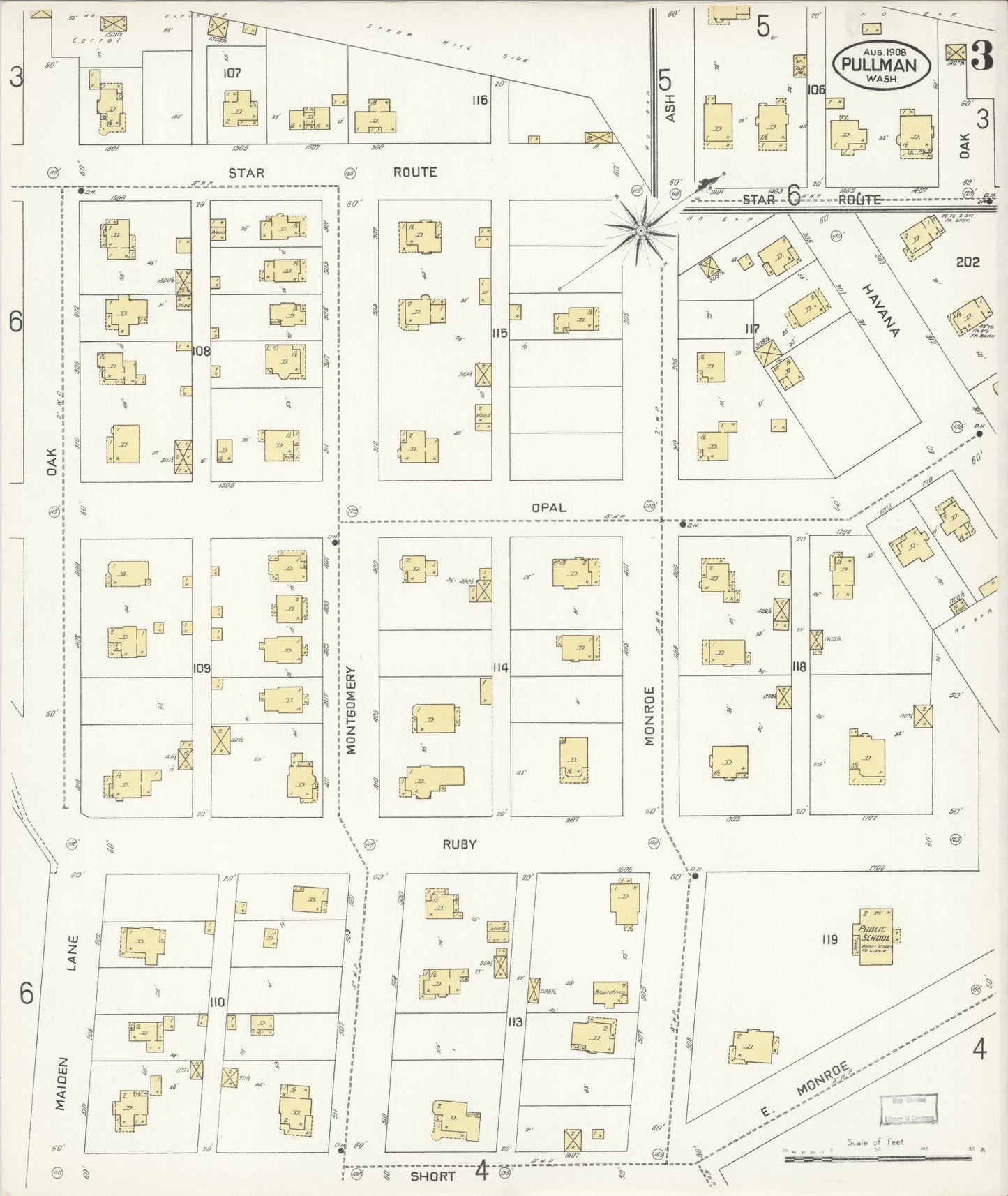 Sanborn Fire Insurance Map from Pullman, Whitman County, Washington (1908), Sheet #0003 - Complete Map Set gallery image, historic Sanborn map, vintage wall art, Washington Washington