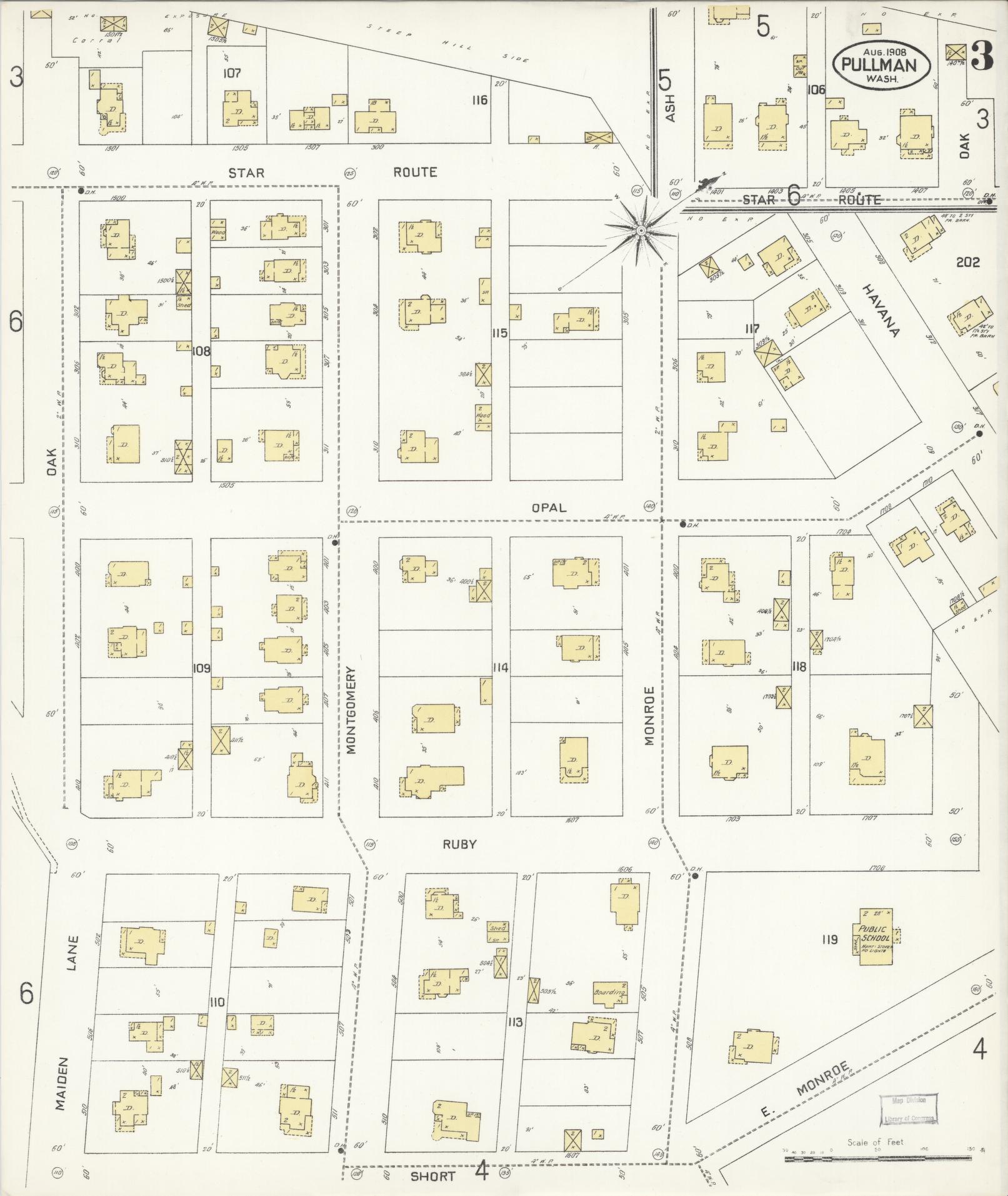 Sanborn Fire Insurance Map from Pullman, Whitman County, Washington (1908), Sheet #0003 - Complete Map Set gallery image, historic Sanborn map, vintage wall art, Washington Washington